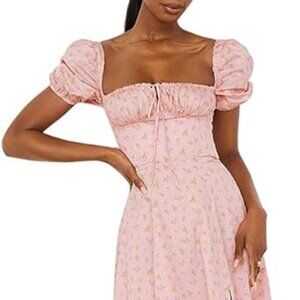 Murfhee Women's Elegant Floral Print Puff Sleeve Ruched A-Line Split Party Long